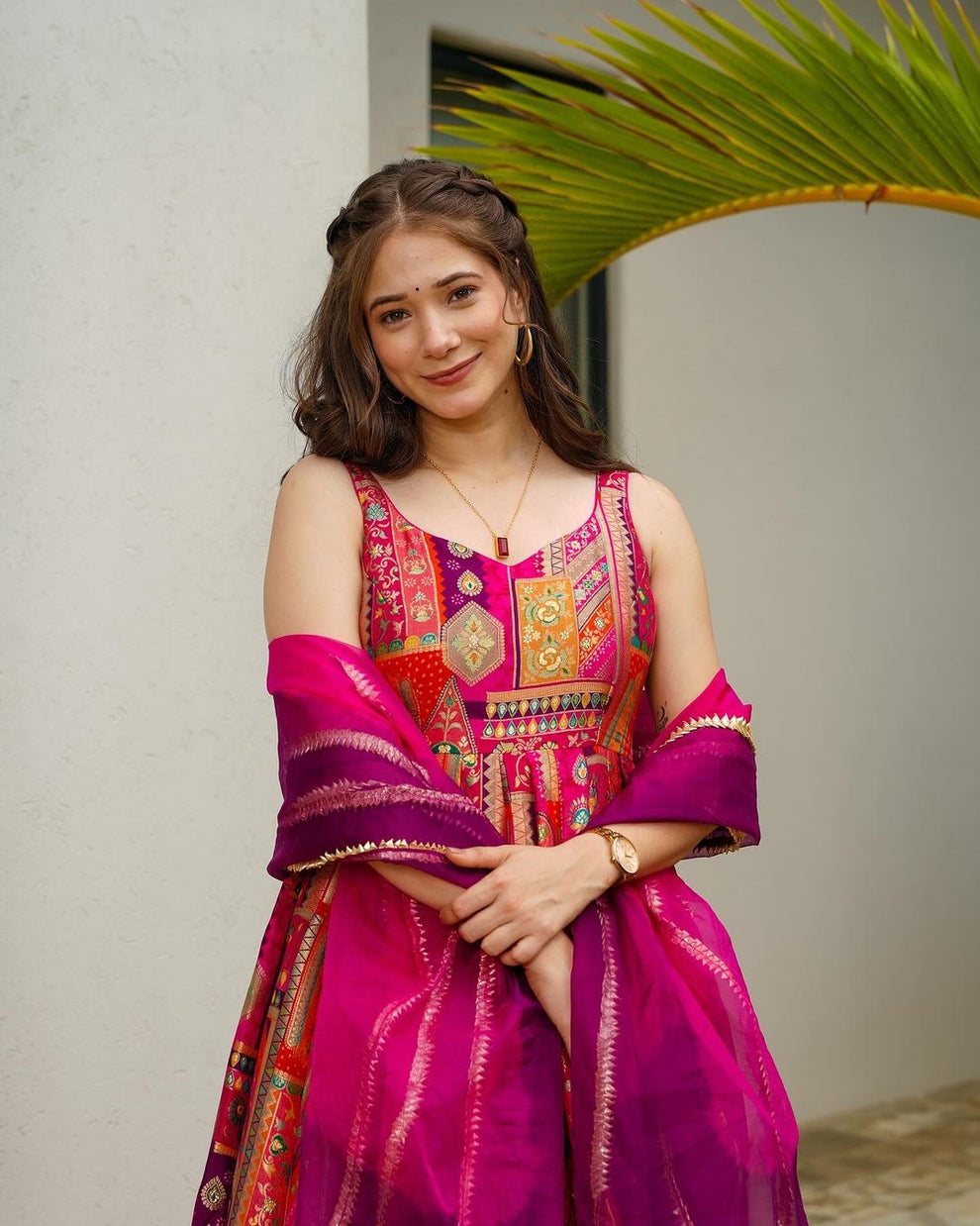 Vibrant Multicolor Ethnic Anarkali with Magenta Dupatta