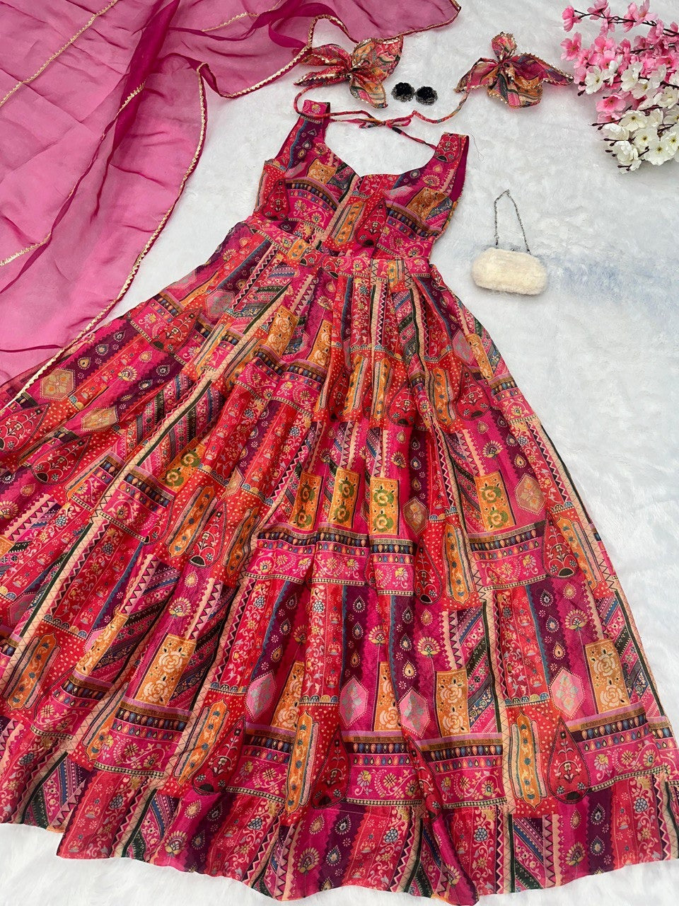 Vibrant Multicolor Ethnic Anarkali with Magenta Dupatta
