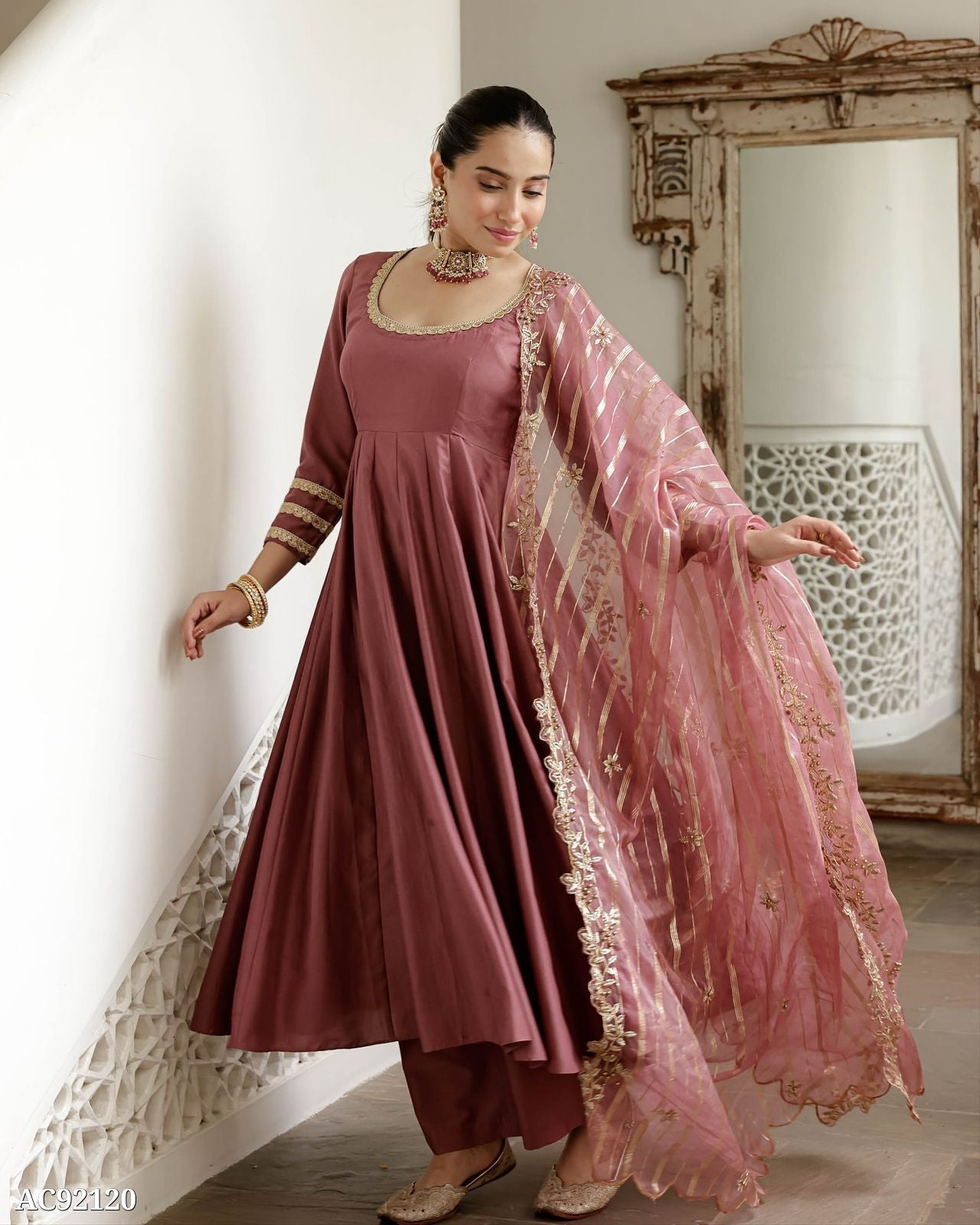 Elegant Mauve Anarkali with Golden Embroidered Dupatta