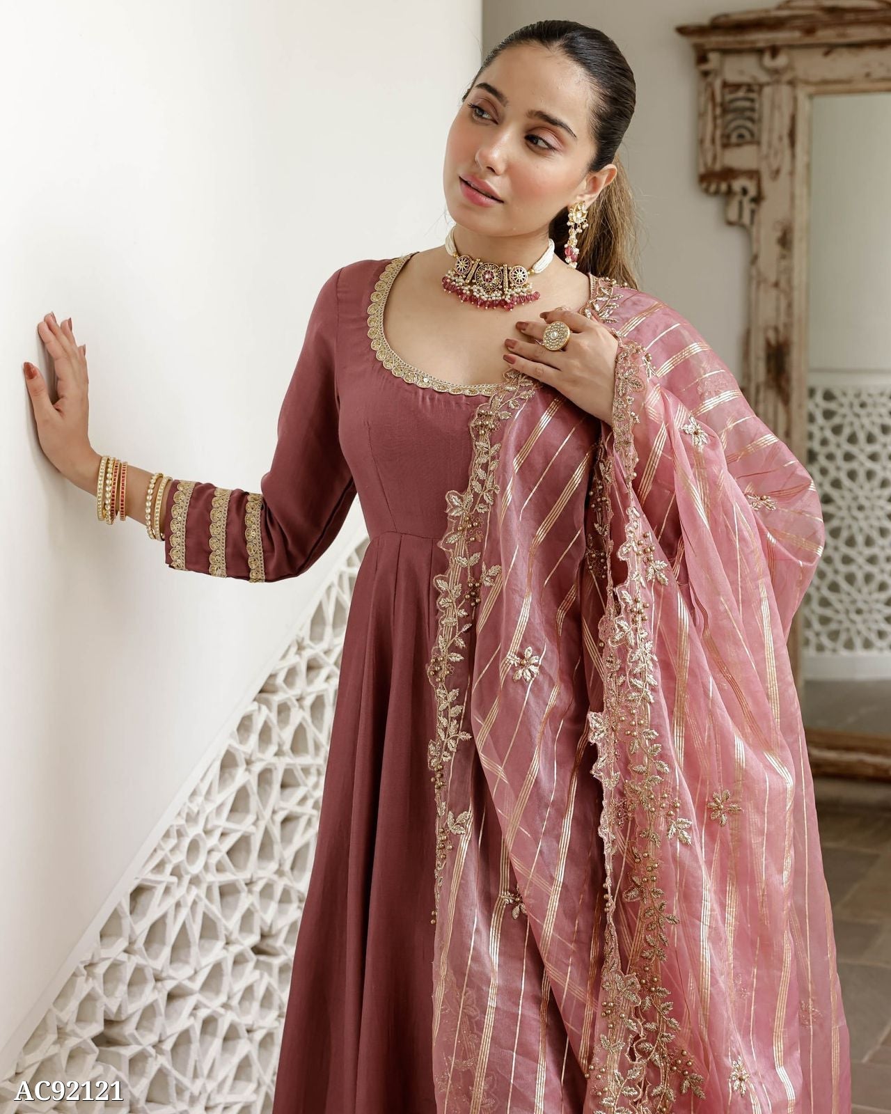 Elegant Mauve Anarkali with Golden Embroidered Dupatta