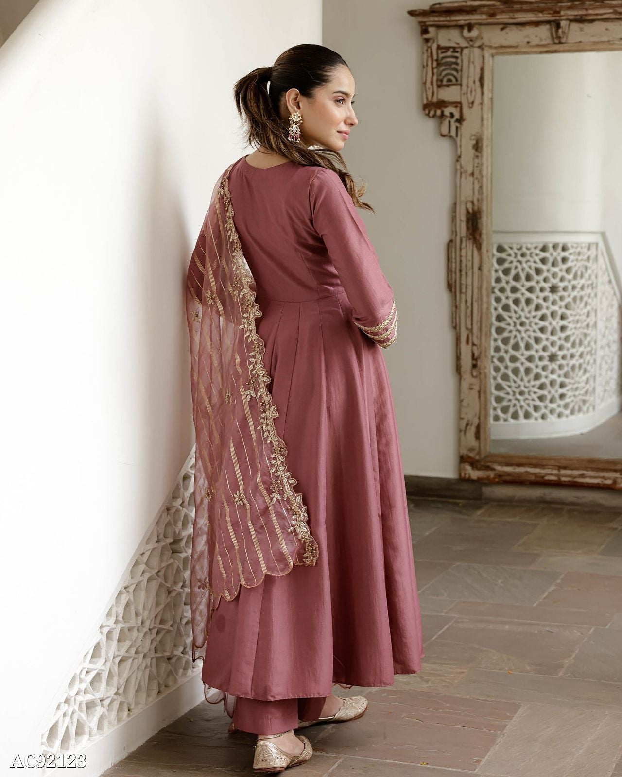 Elegant Mauve Anarkali with Golden Embroidered Dupatta
