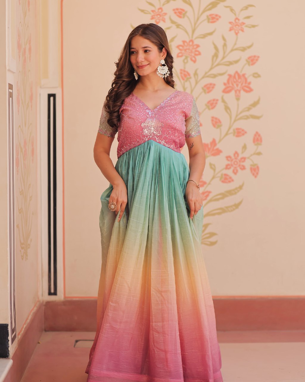 Multicolor Sequence Work Ombre Gown