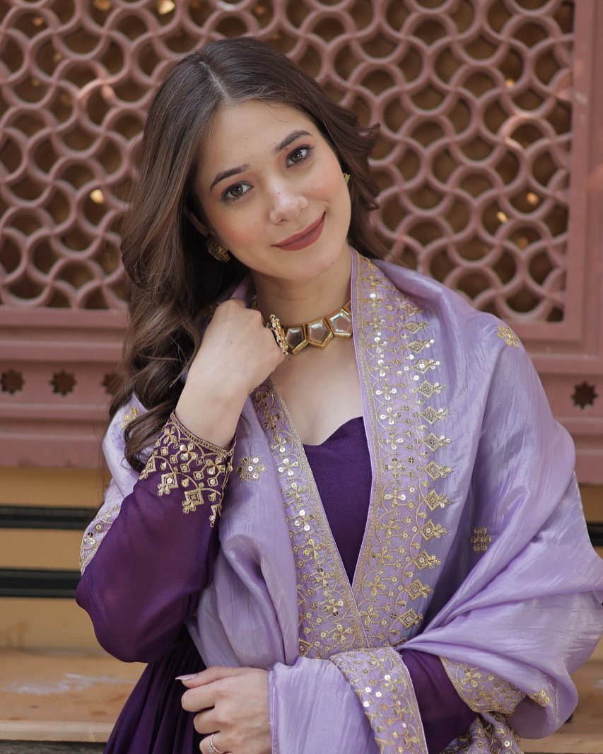 Purple Embroidered Anarkali Gown Set