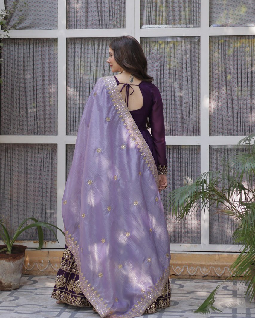 Purple Embroidered Anarkali Gown Set