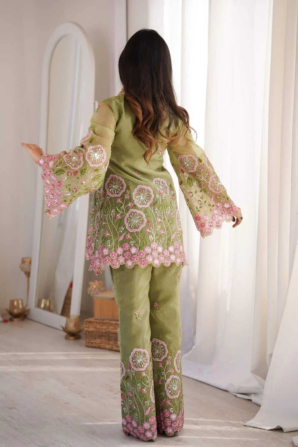 Gulnaar Floral Embroidered Co-Ord Set – Olive Green