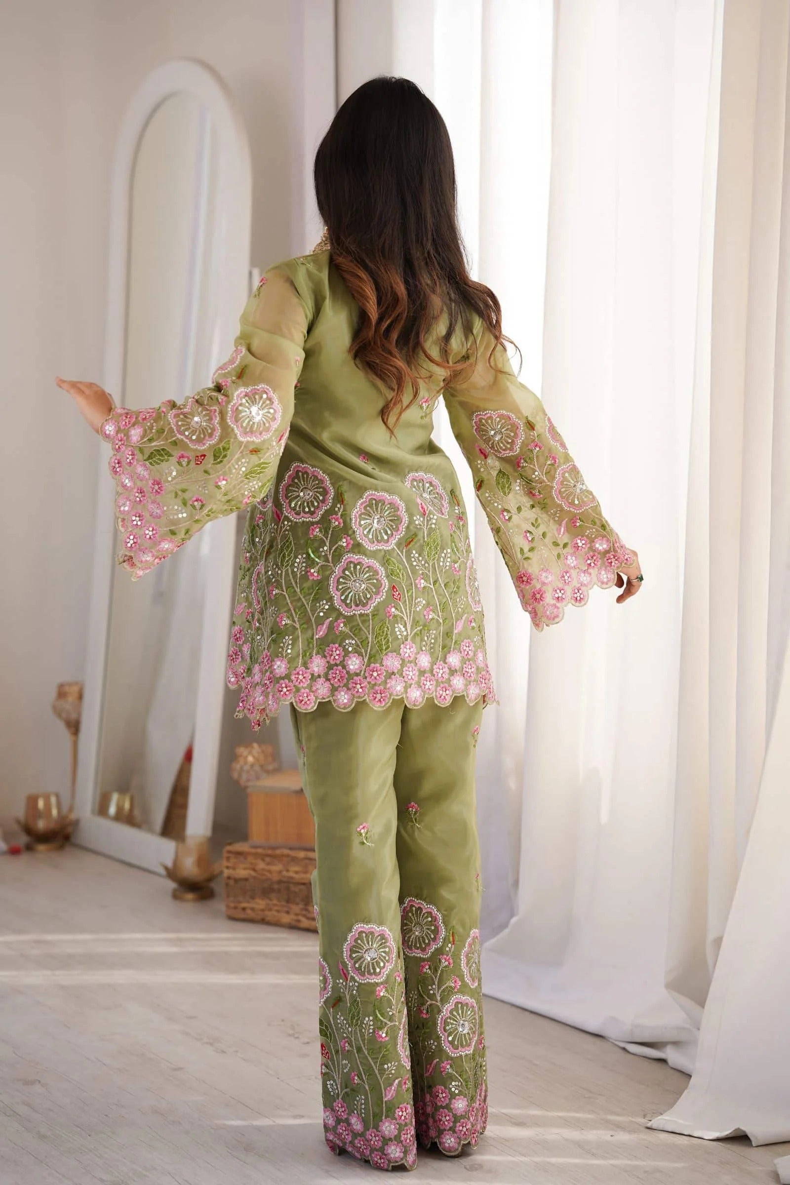 Gulnaar Floral Embroidered Co-Ord Set – Olive Green