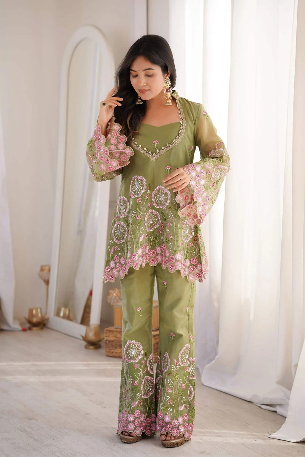 Gulnaar Floral Embroidered Co-Ord Set – Olive Green
