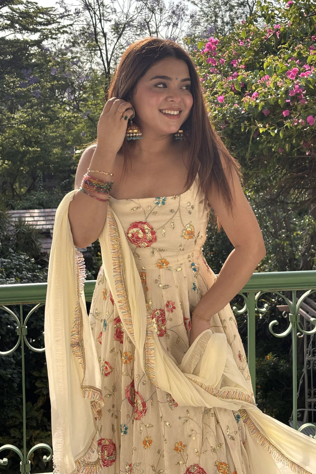 Ivory Bloom Embroidered Anarkali Set with Dupatta – Cream Floral Edition