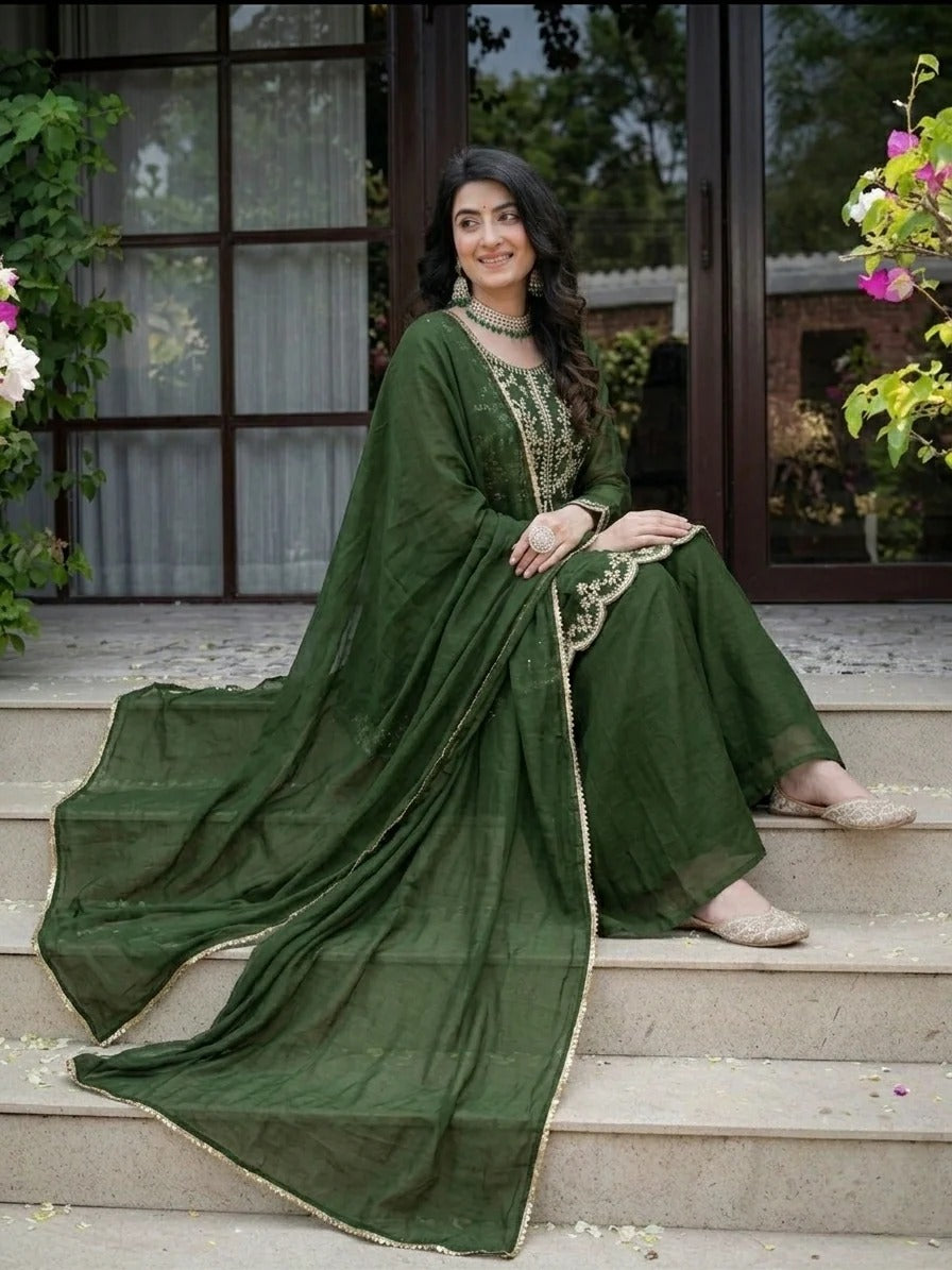 Green Crunchy Silk Palazzo Suit Set
