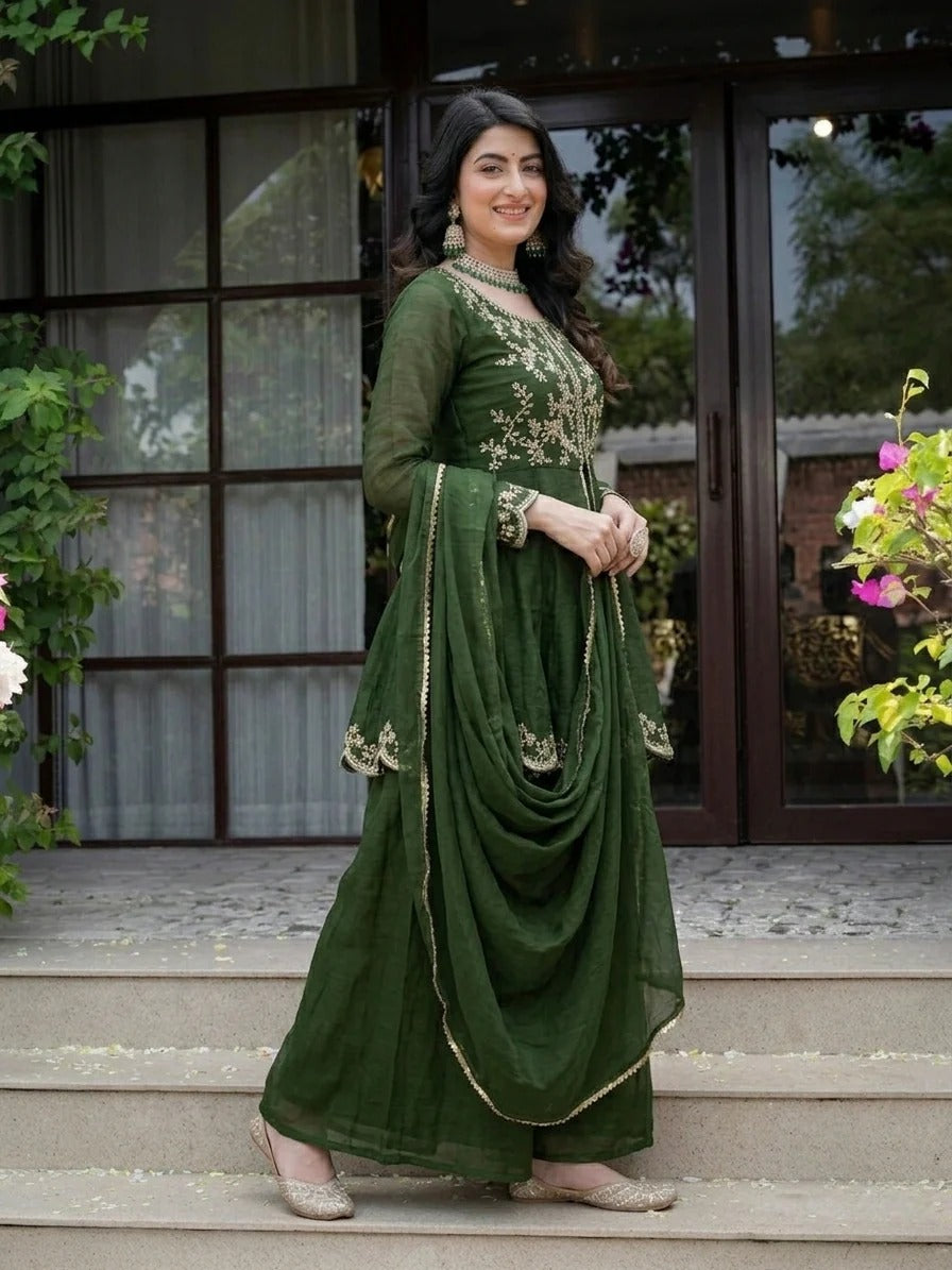Green Crunchy Silk Palazzo Suit Set