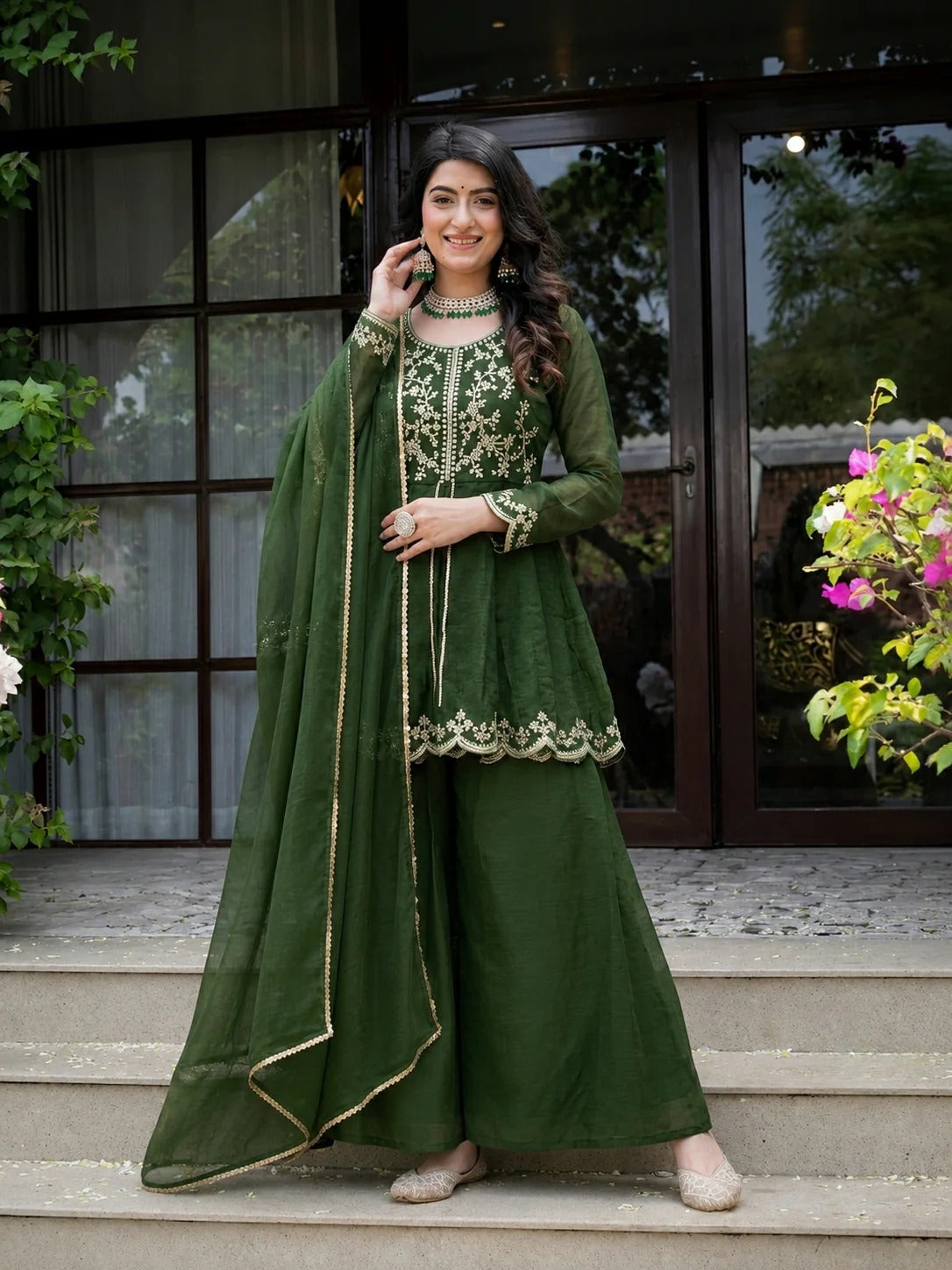 Green Crunchy Silk Palazzo Suit Set