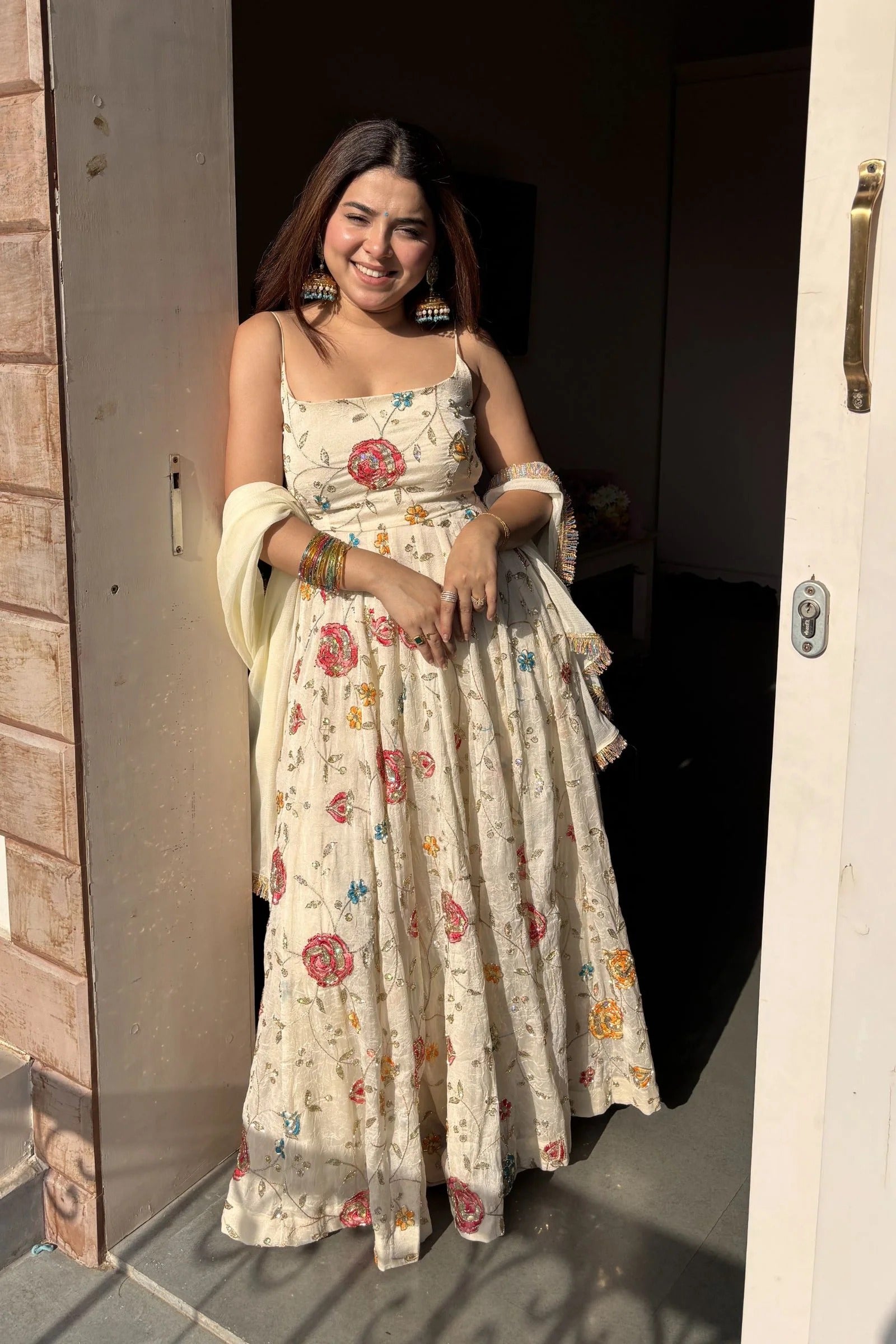 Ivory Bloom Embroidered Anarkali Set with Dupatta – Cream Floral Edition