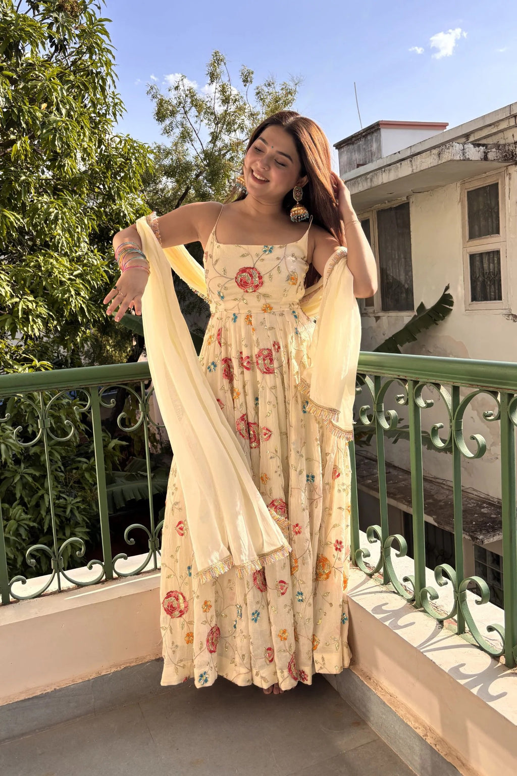 Ivory Bloom Embroidered Anarkali Set with Dupatta – Cream Floral Edition
