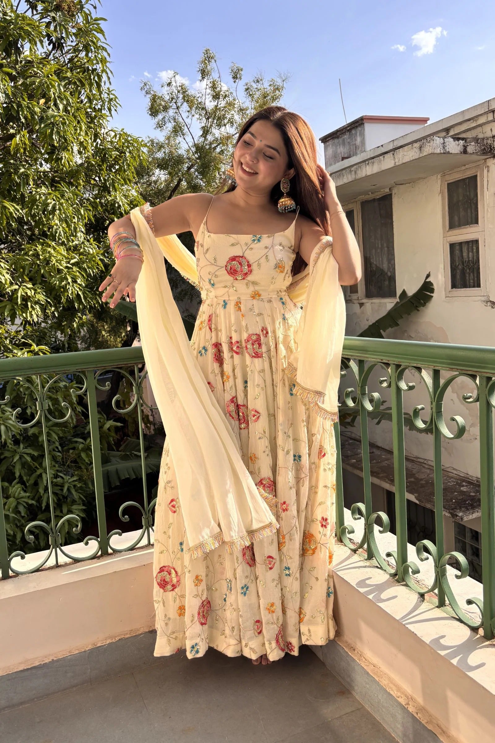 Ivory Bloom Embroidered Anarkali Set with Dupatta – Cream Floral Edition