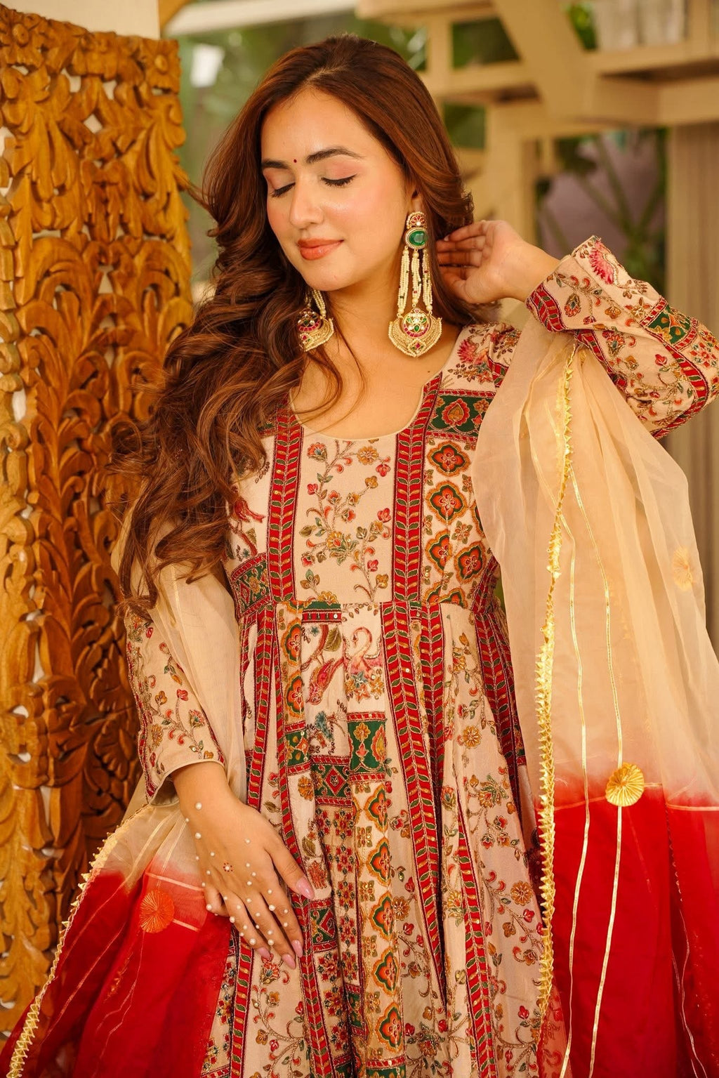 Noor Heritage Printed Anarkali Set with Contrast Dupatta – Ivory & Red