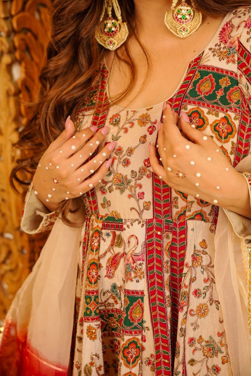 Noor Heritage Printed Anarkali Set with Contrast Dupatta – Ivory & Red