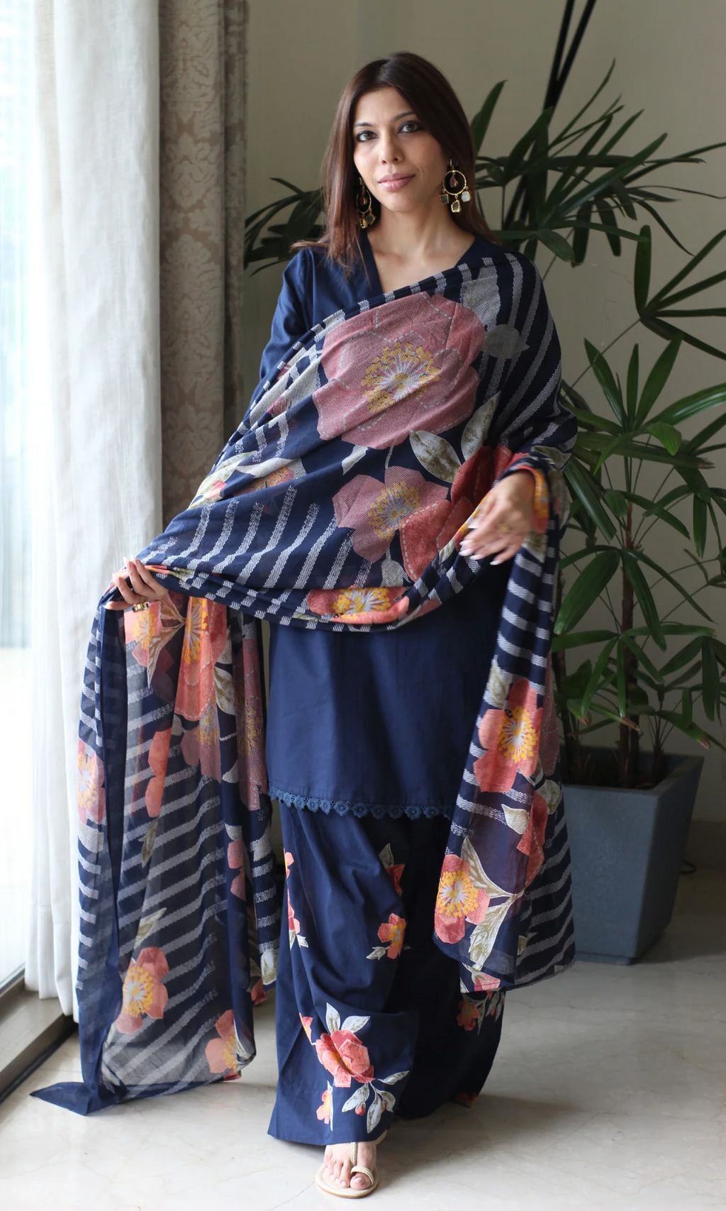 Navy Blue Gulzar Kurta with Farshi Salwar & Cotton Dupatta