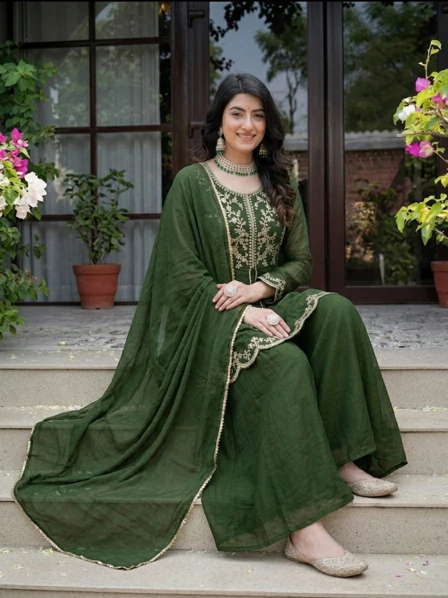 Green Crunchy Silk Palazzo Suit Set