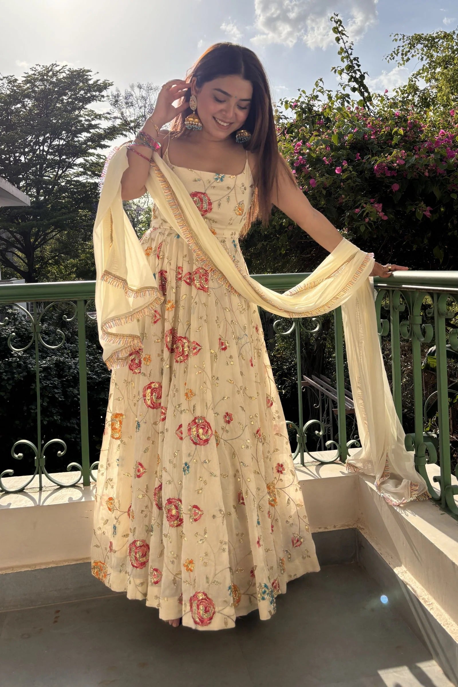 Ivory Bloom Embroidered Anarkali Set with Dupatta – Cream Floral Edition