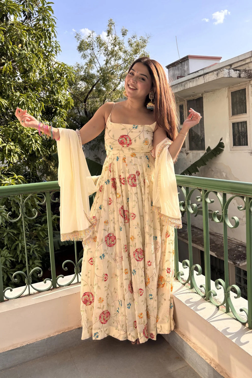 Ivory Bloom Embroidered Anarkali Set with Dupatta – Cream Floral Edition