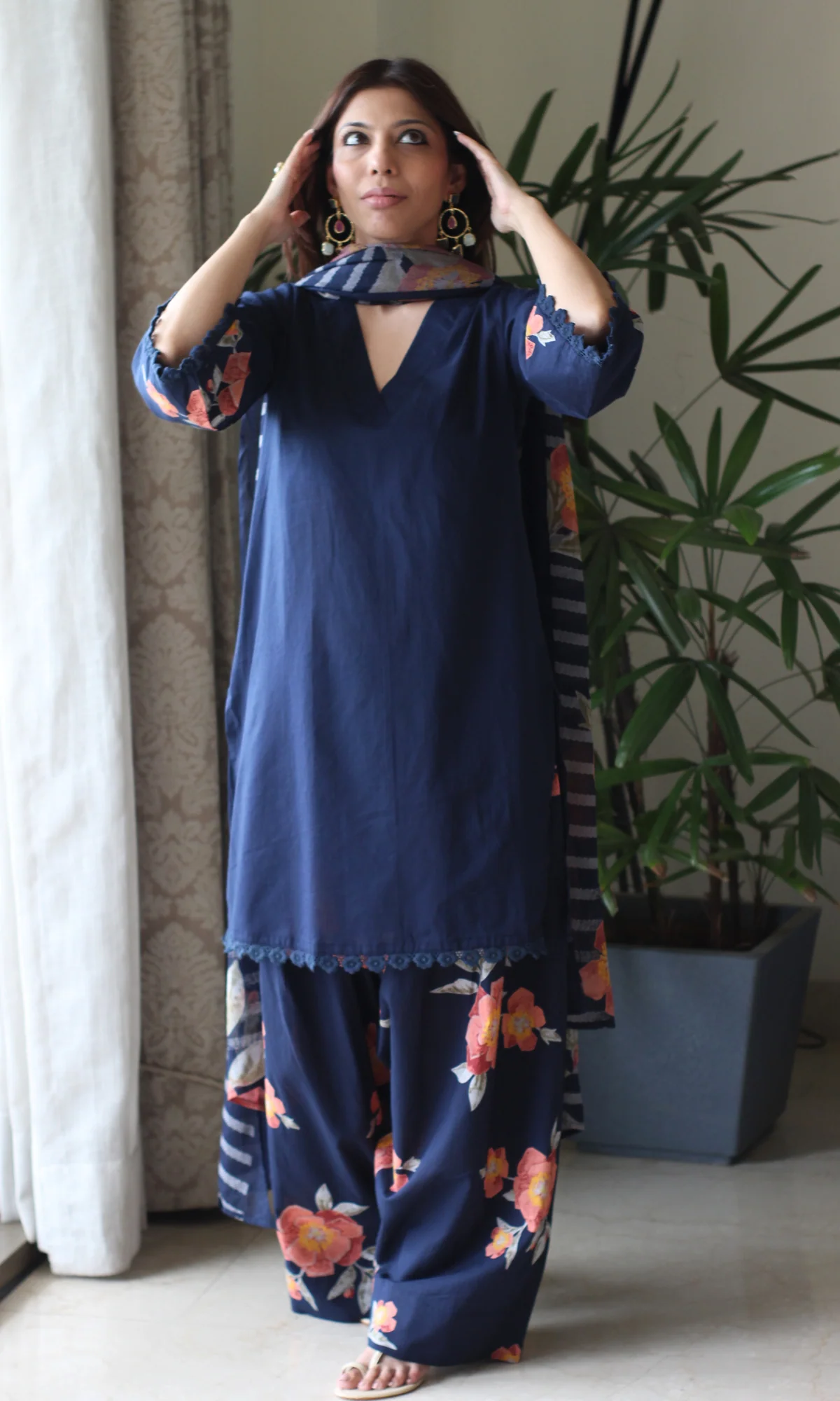 Navy Blue Gulzar Kurta with Farshi Salwar & Cotton Dupatta