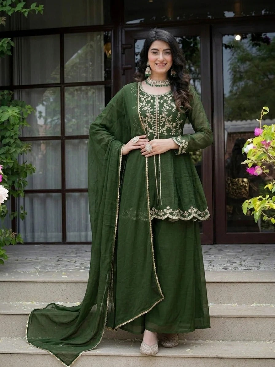 Green Crunchy Silk Palazzo Suit Set