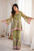 Gulnaar Floral Embroidered Co-Ord Set – Olive Green