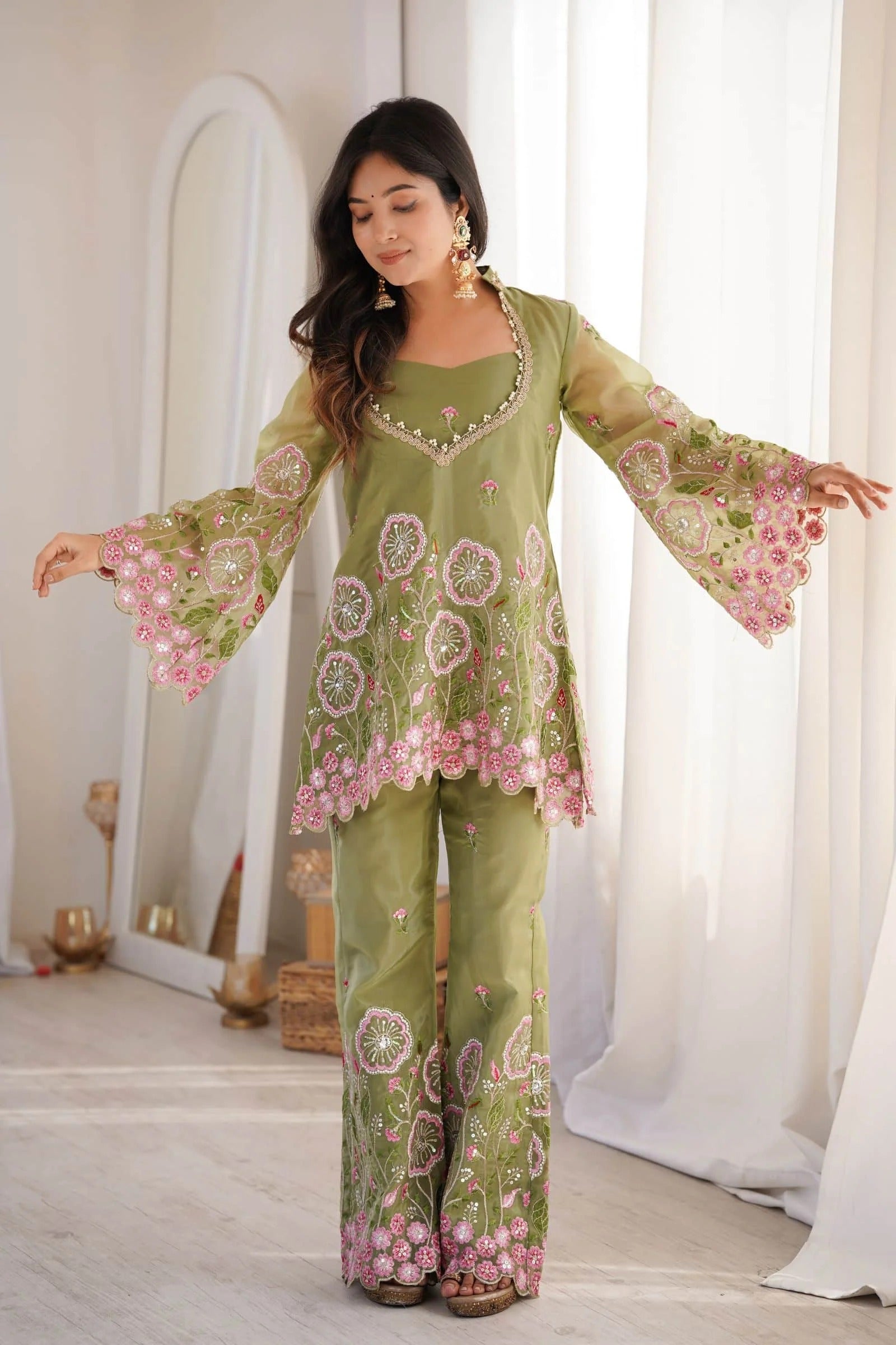 Gulnaar Floral Embroidered Co-Ord Set – Olive Green