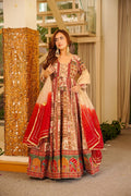 Noor Heritage Printed Anarkali Set with Contrast Dupatta – Ivory & Red