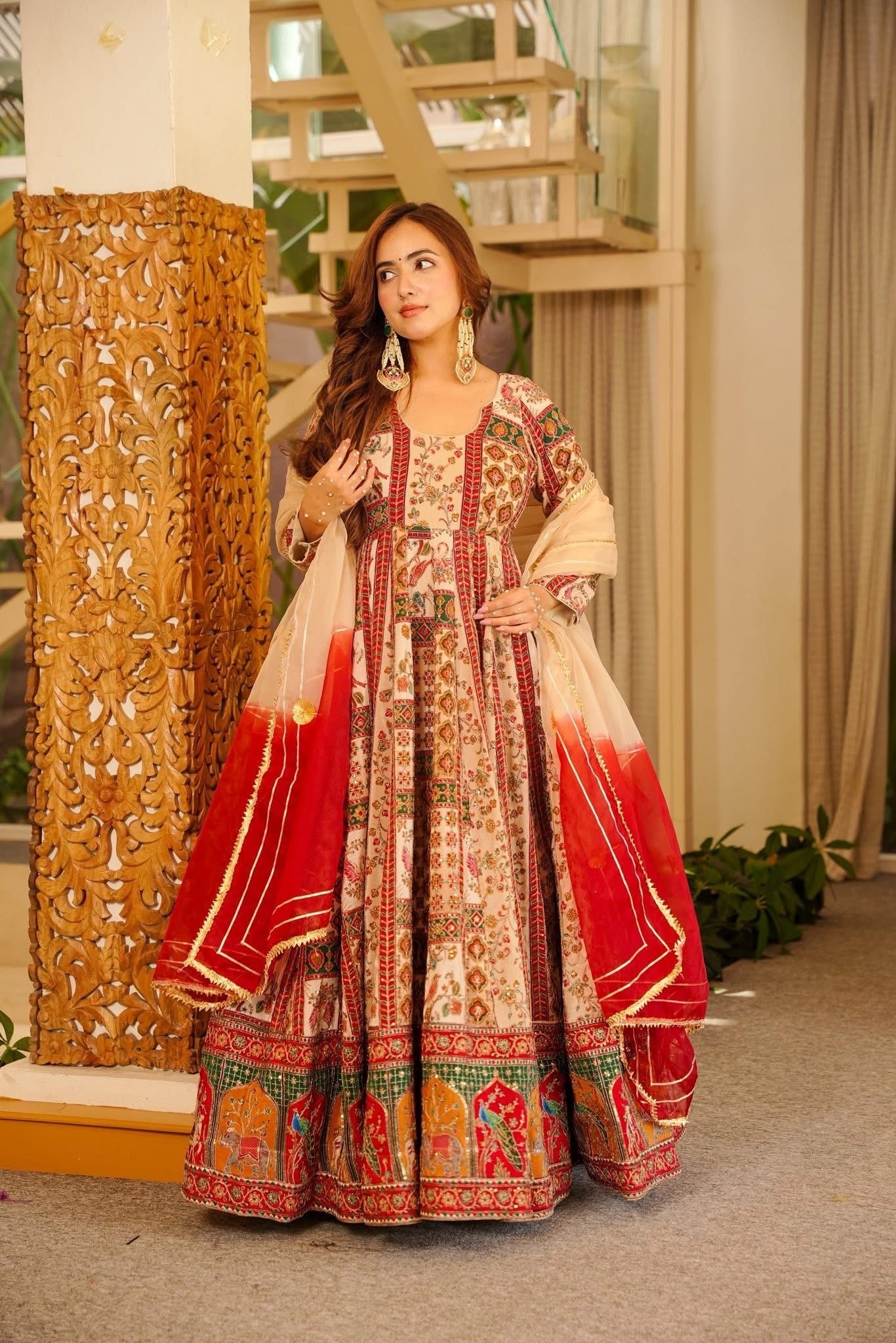 Noor Heritage Printed Anarkali Set with Contrast Dupatta – Ivory & Red