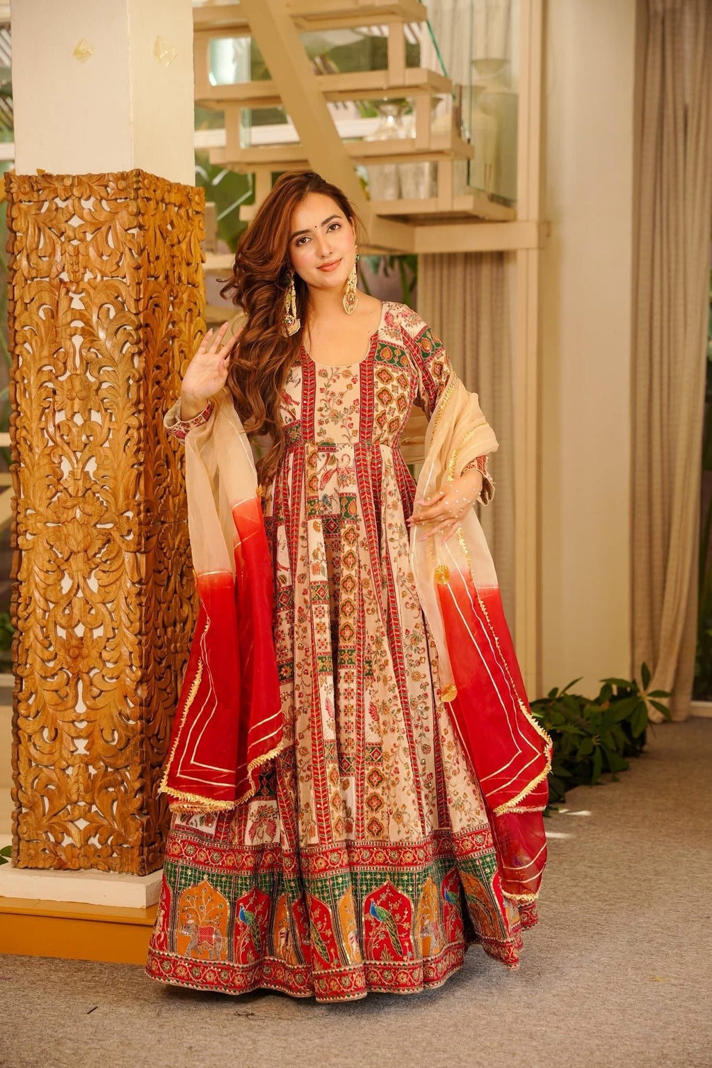 Noor Heritage Printed Anarkali Set with Contrast Dupatta – Ivory & Red