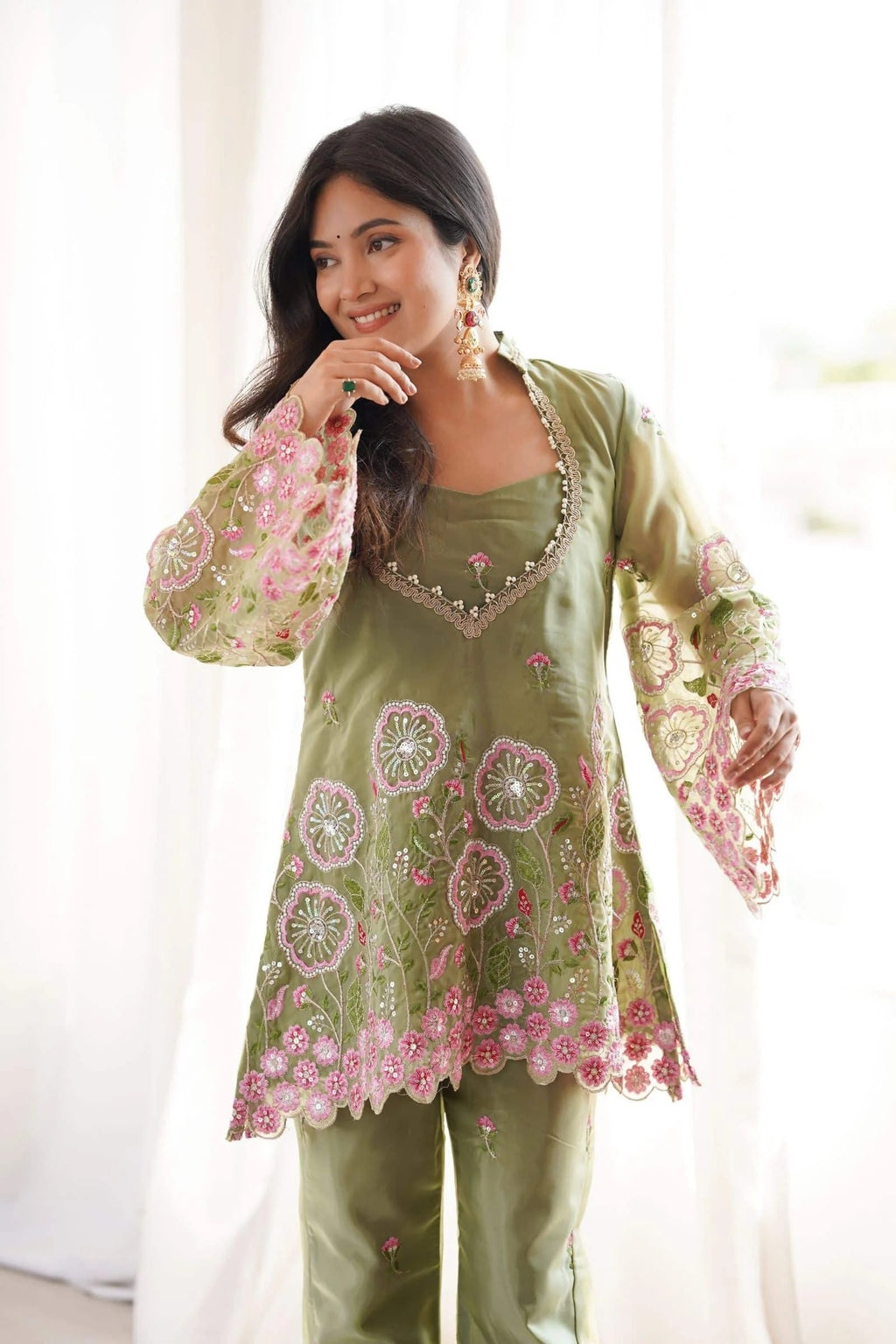Gulnaar Floral Embroidered Co-Ord Set – Olive Green