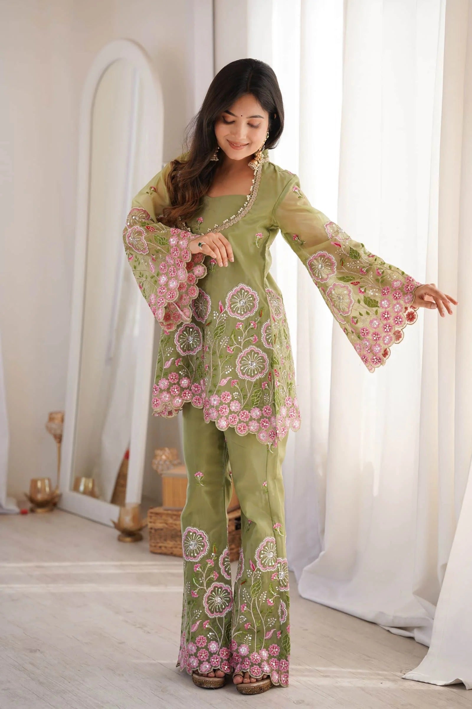 Gulnaar Floral Embroidered Co-Ord Set – Olive Green