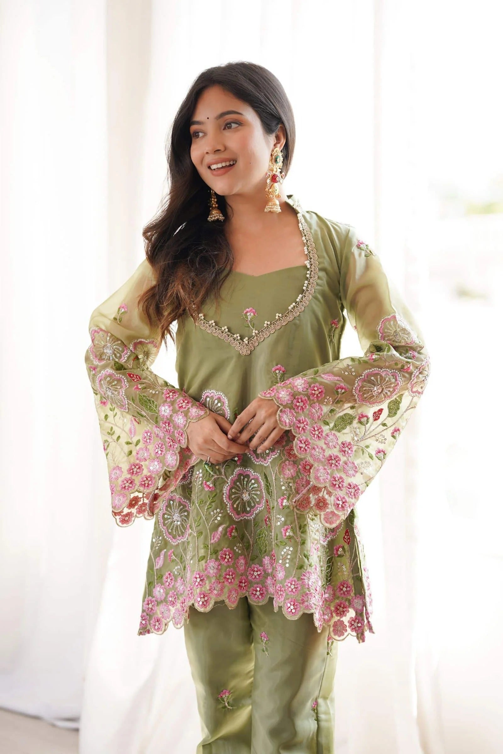 Gulnaar Floral Embroidered Co-Ord Set – Olive Green