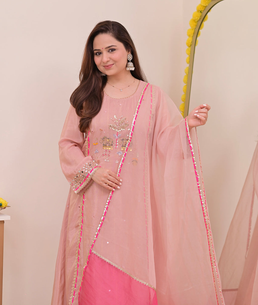 Gulabi Mul Chanderi Handwork A Line Suit