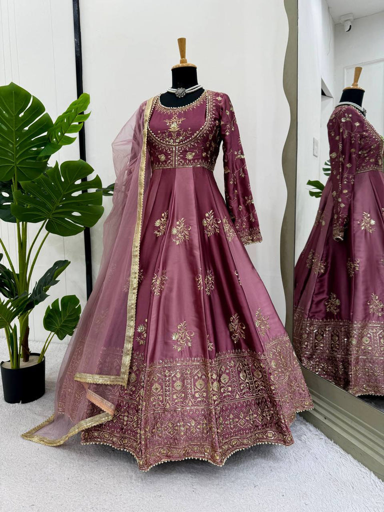 Onion Pink Japan Satin Anarkali with Sequins Work & Butterfly Net Dupatta