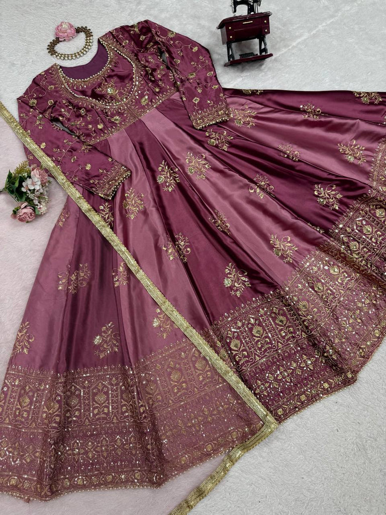 Onion Pink Japan Satin Anarkali with Sequins Work & Butterfly Net Dupatta
