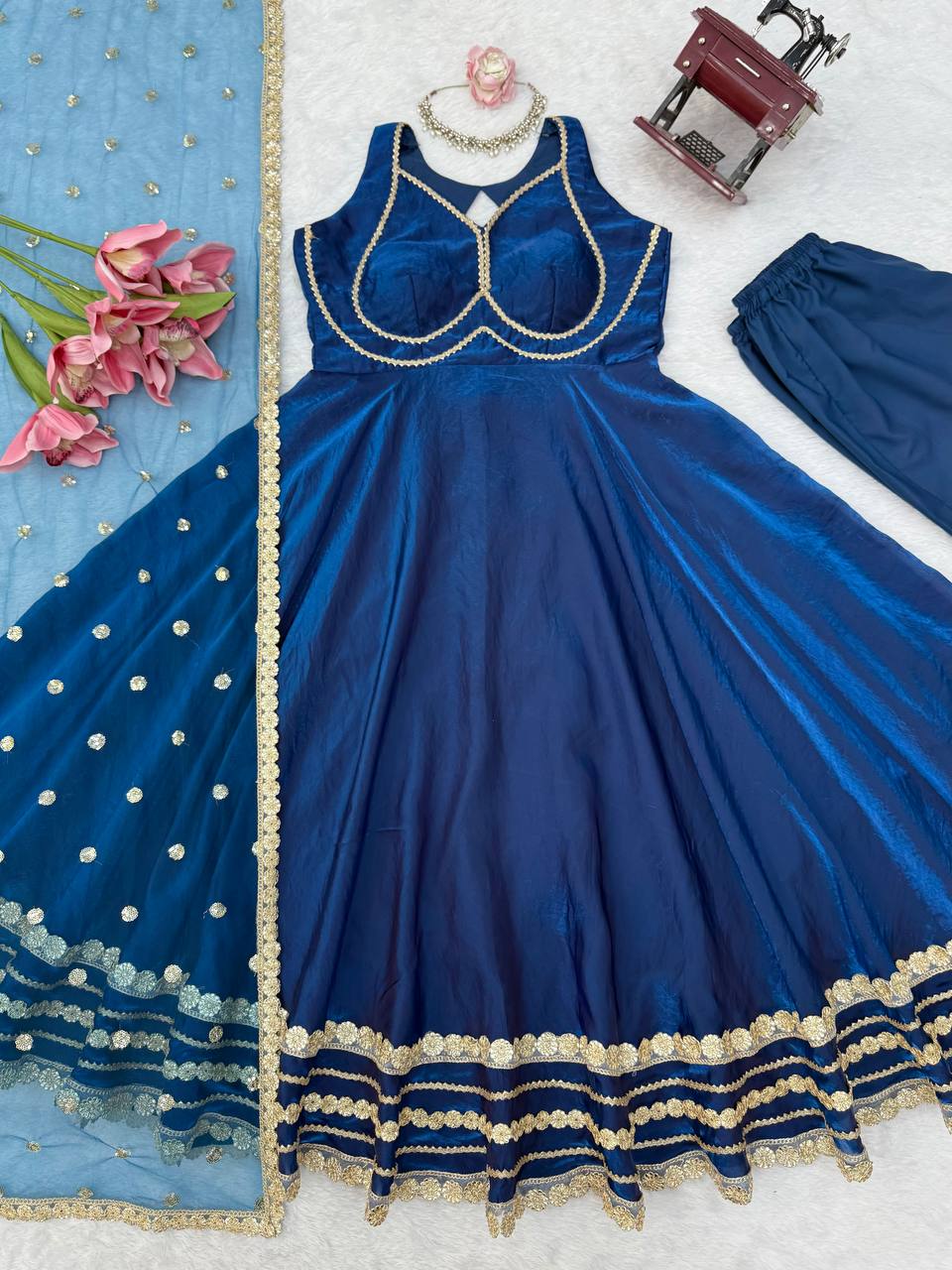 New Fendi Silk Lace Work Anarkali Suit Set
