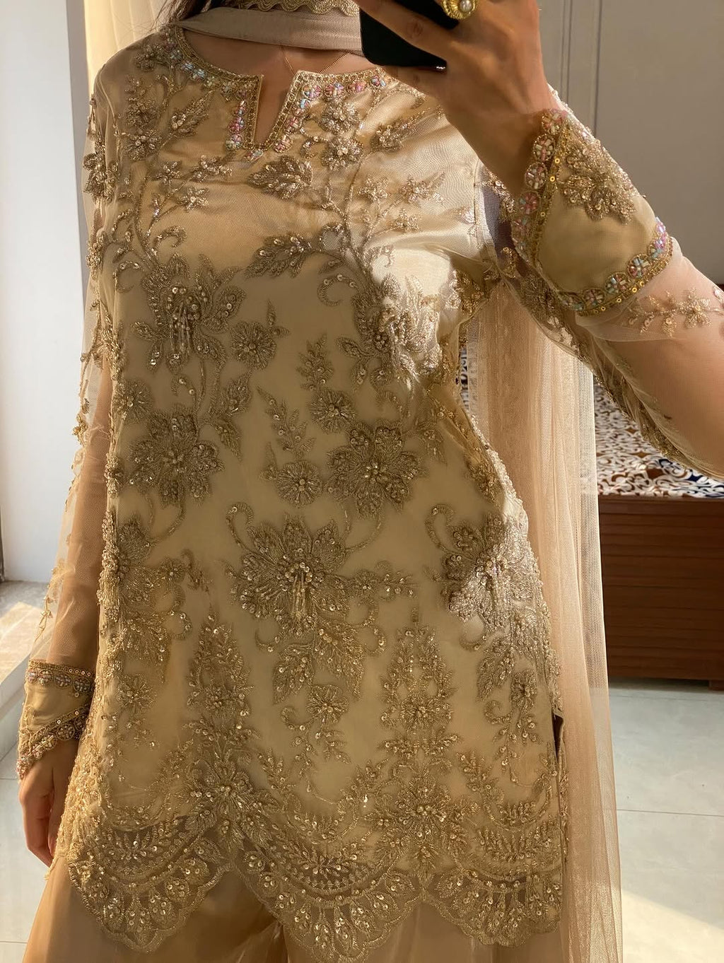 Gold Embroidered & Sequence Pakistani Top Palazzo Set