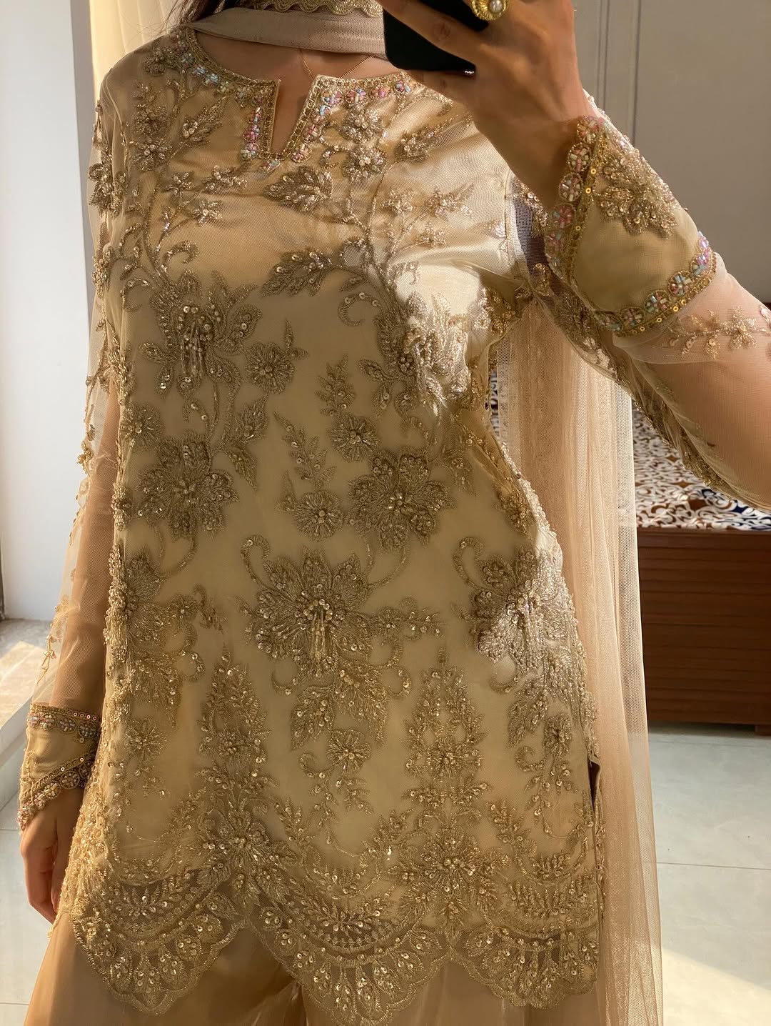 Gold Embroidered & Sequence Pakistani Top Palazzo Set