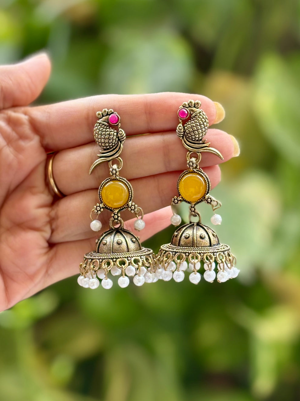 Antique Gold Peacock Ruby Pearl Jhumka Earrings