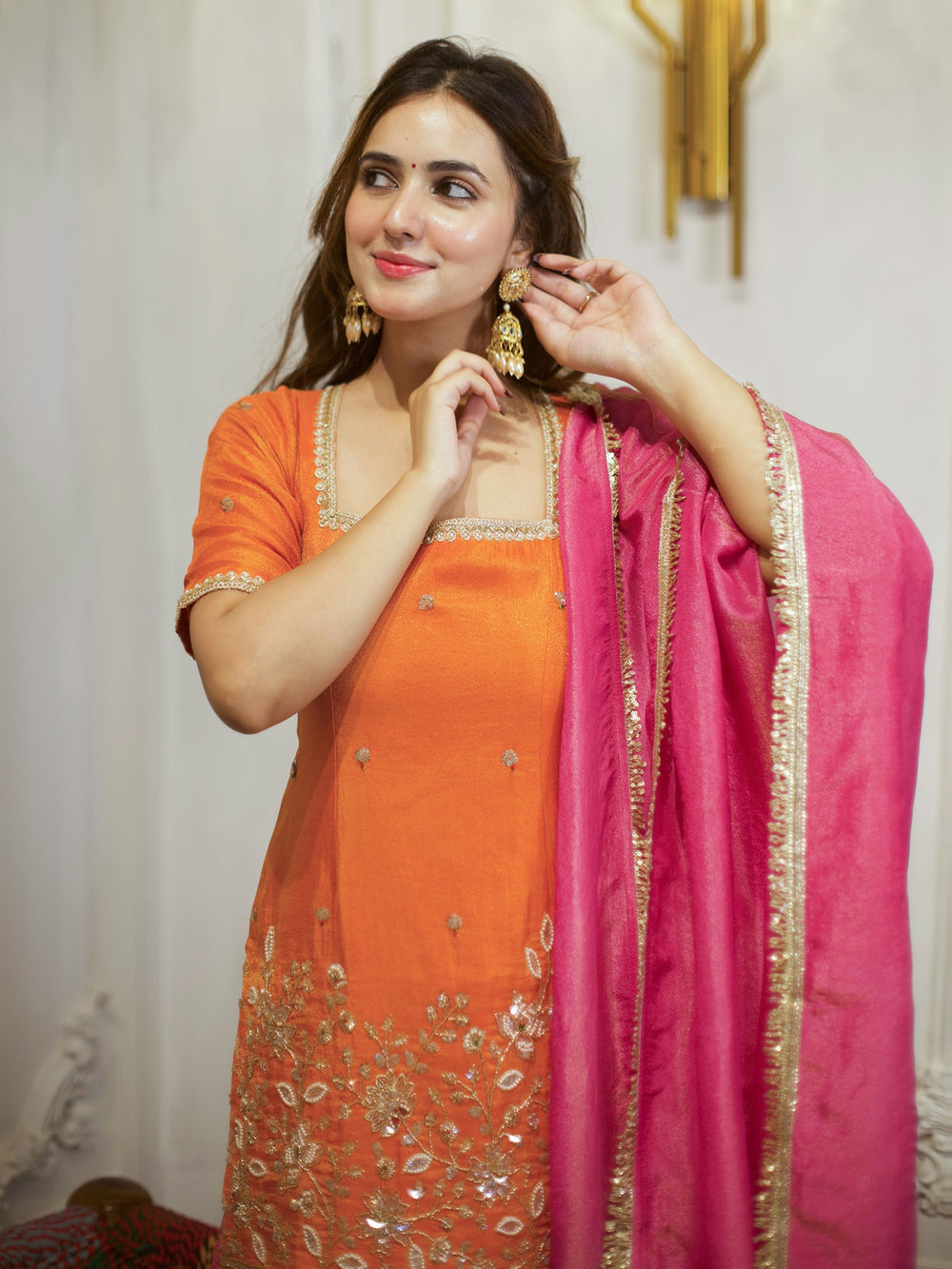 Orange & Pink Embroidered Patiala Suit Set