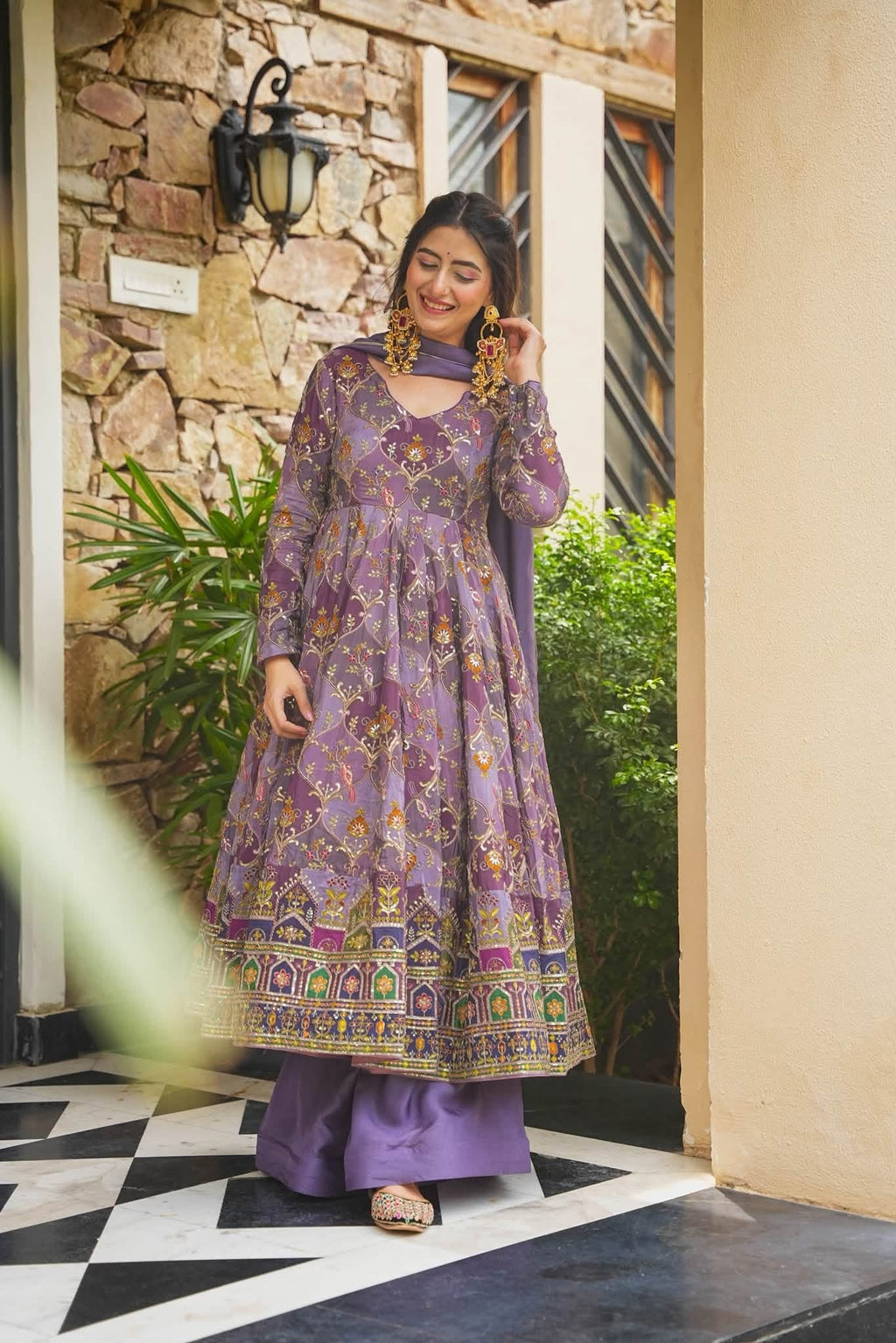 Purple Heavy Embroidered Anarkali Suit Set