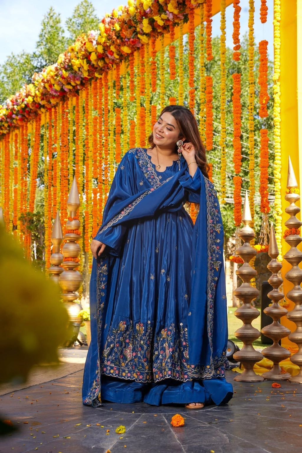 Trendy Blue Chanderi Silk Embroidered Anarkali Suit Set