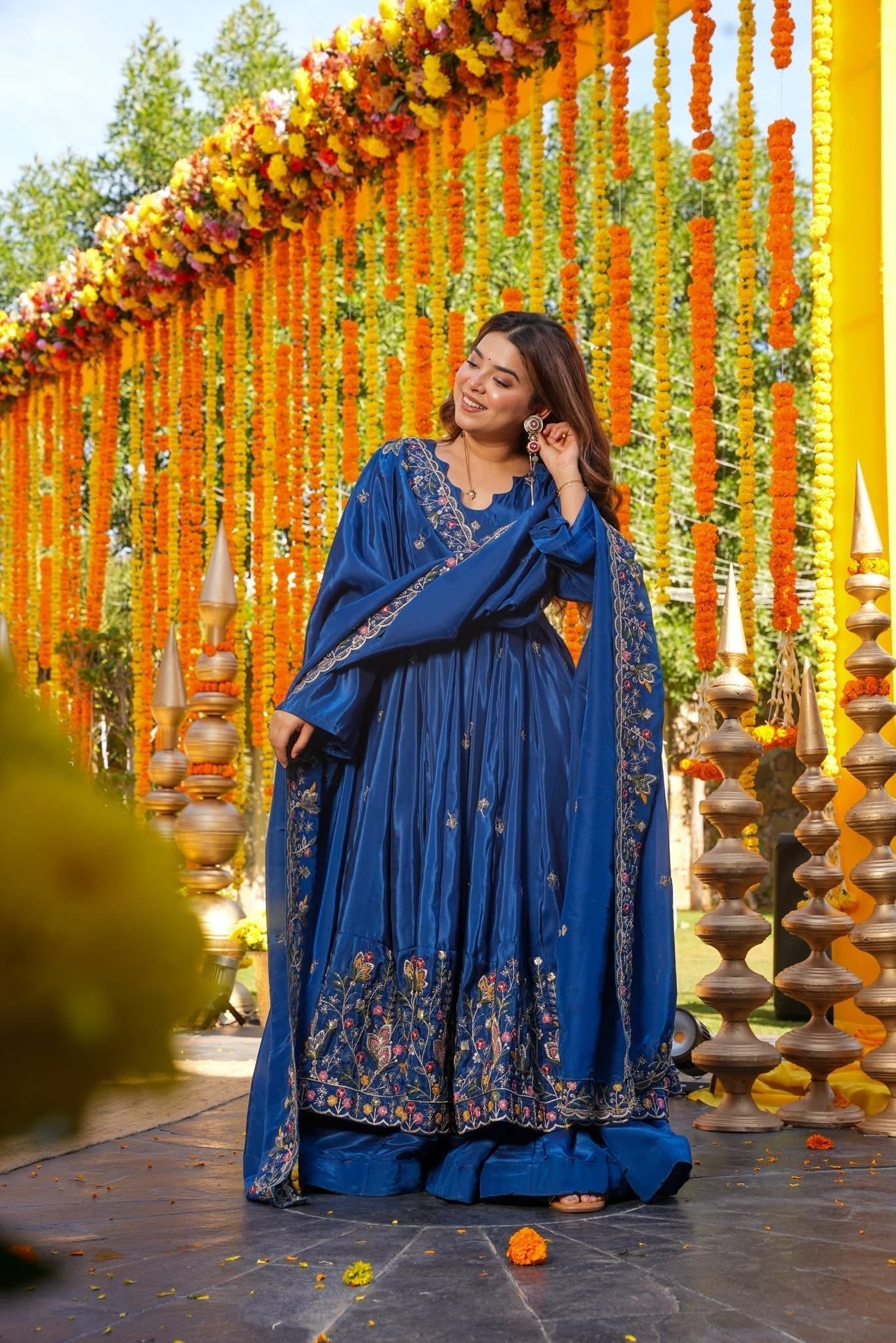 Trendy Blue Chanderi Silk Embroidered Anarkali Suit Set