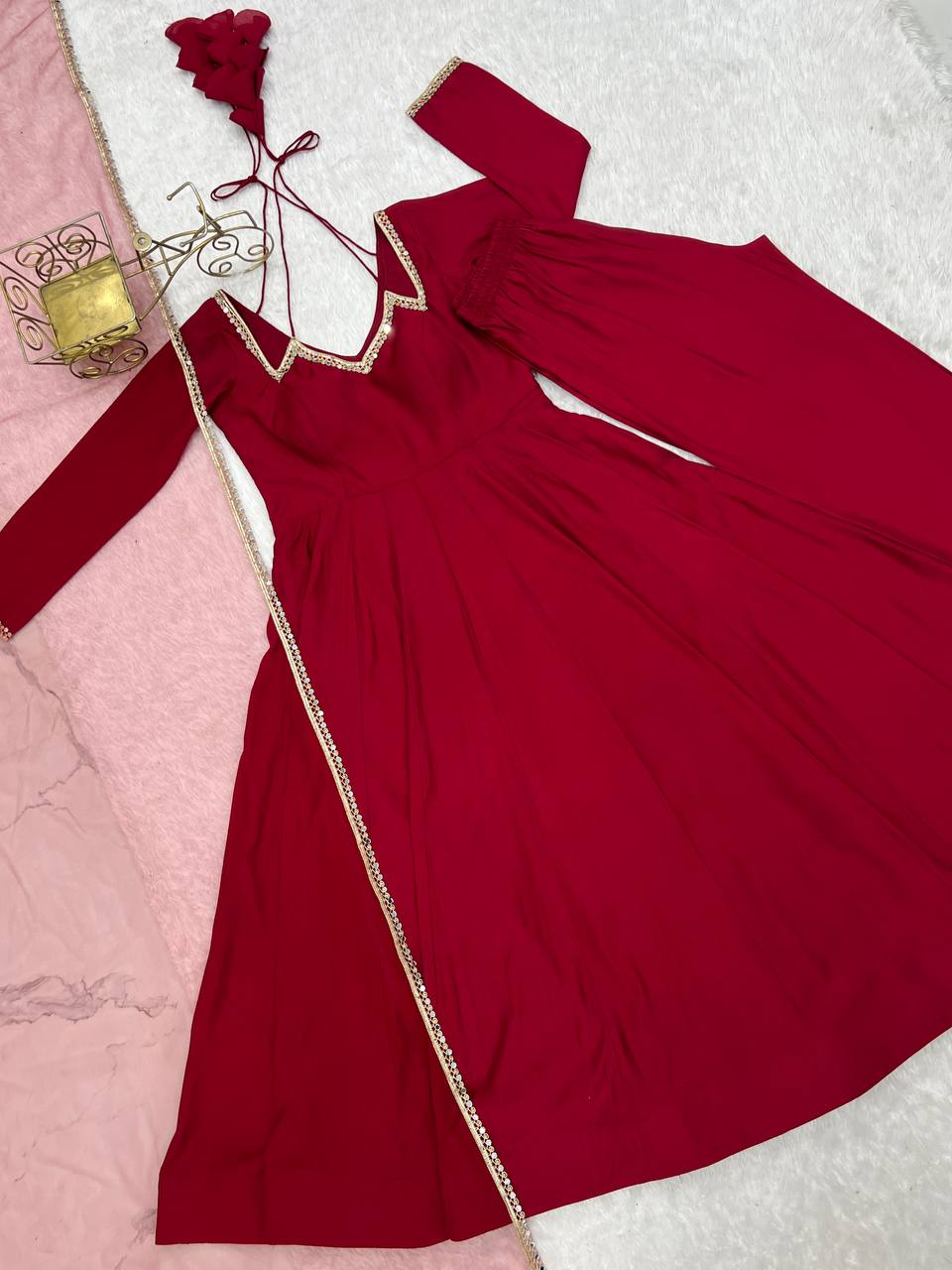 Pure Roman silk Chanderi Anarkali Suit Set