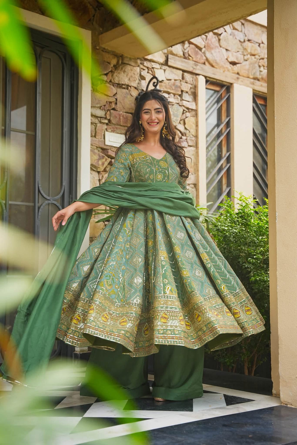 Green Heavy Embroidered Anarkali Suit Set