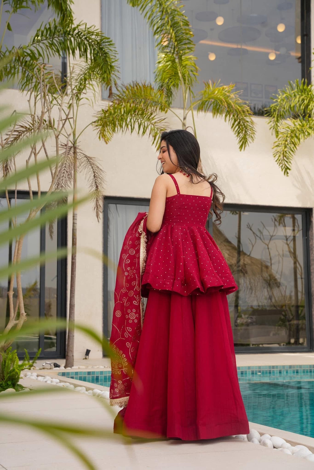 Cherry Red Top-Sharara Set