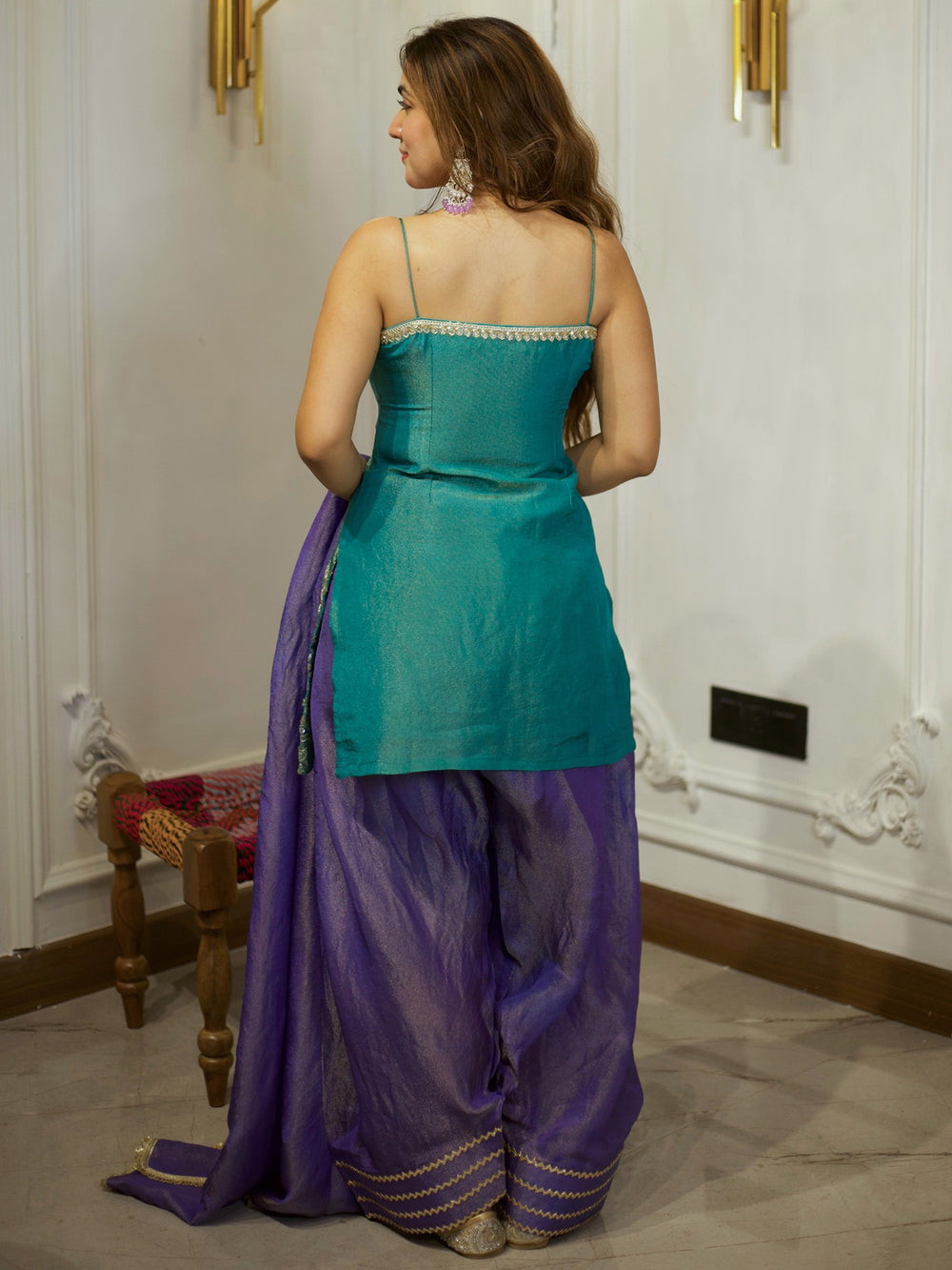 Beautiful Teal Green & Purple Embroidered patiyala suit
