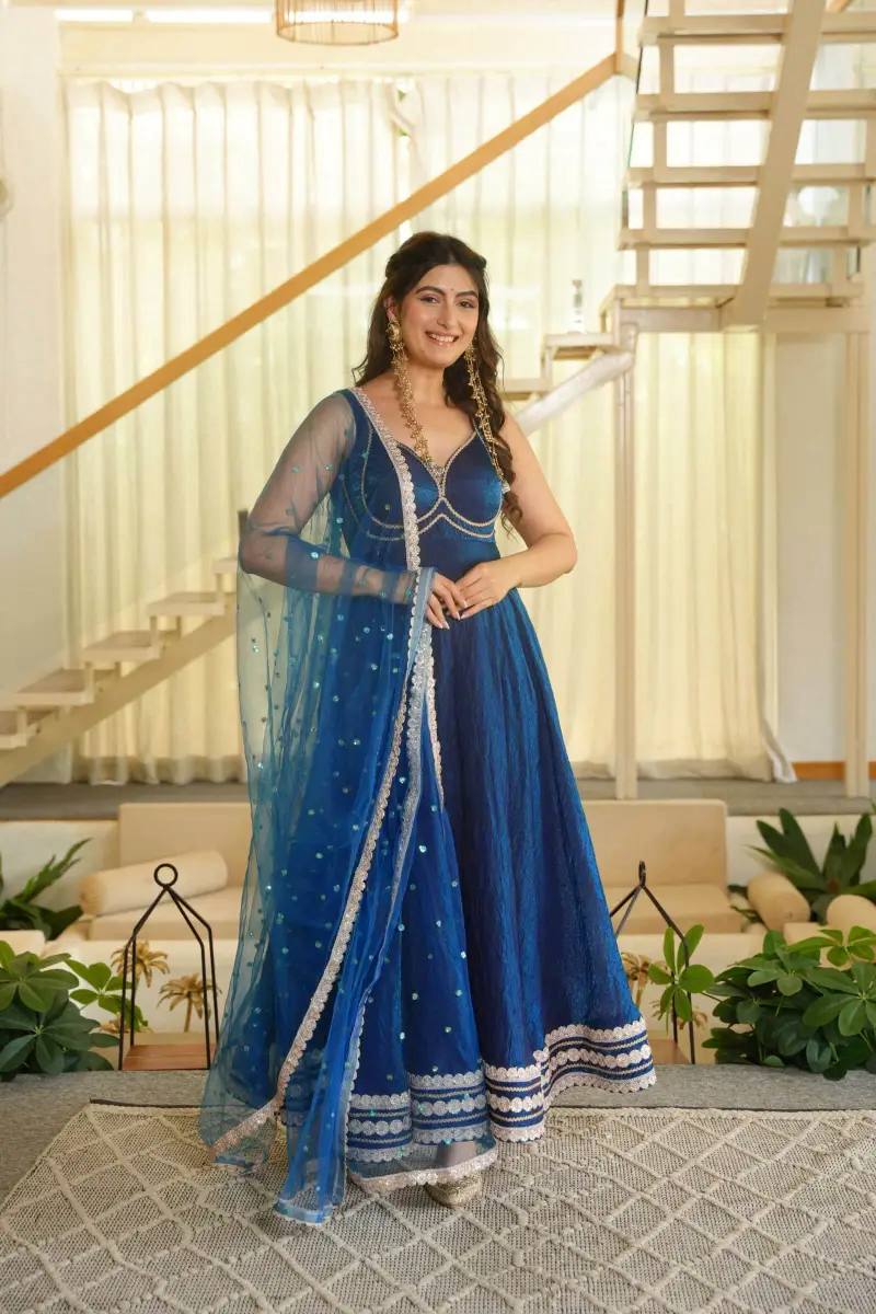New Fendi Silk Lace Work Anarkali Suit Set